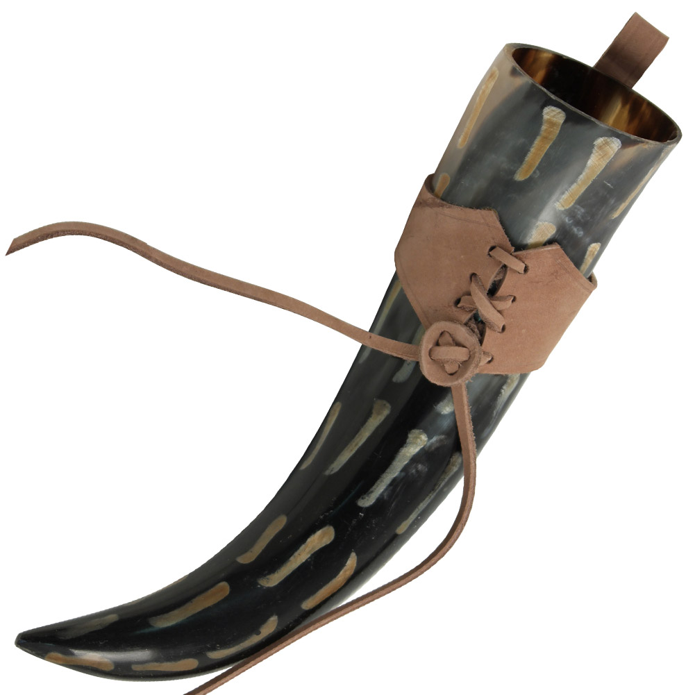LHBR Fire Burned Medieval Drinking Horn with Brown Leather Holder-img-3