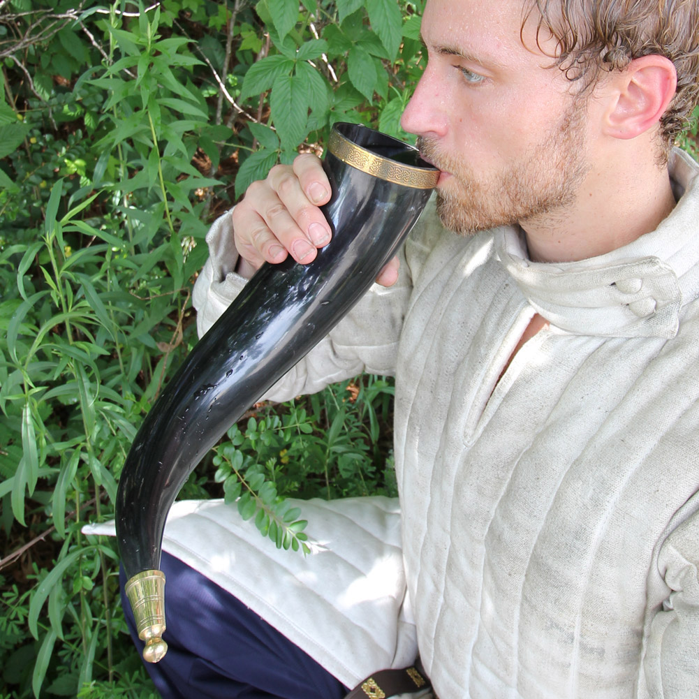 LHBR Brass Adorned Medieval Drinking Horn with Brown Leather Holder-img-2