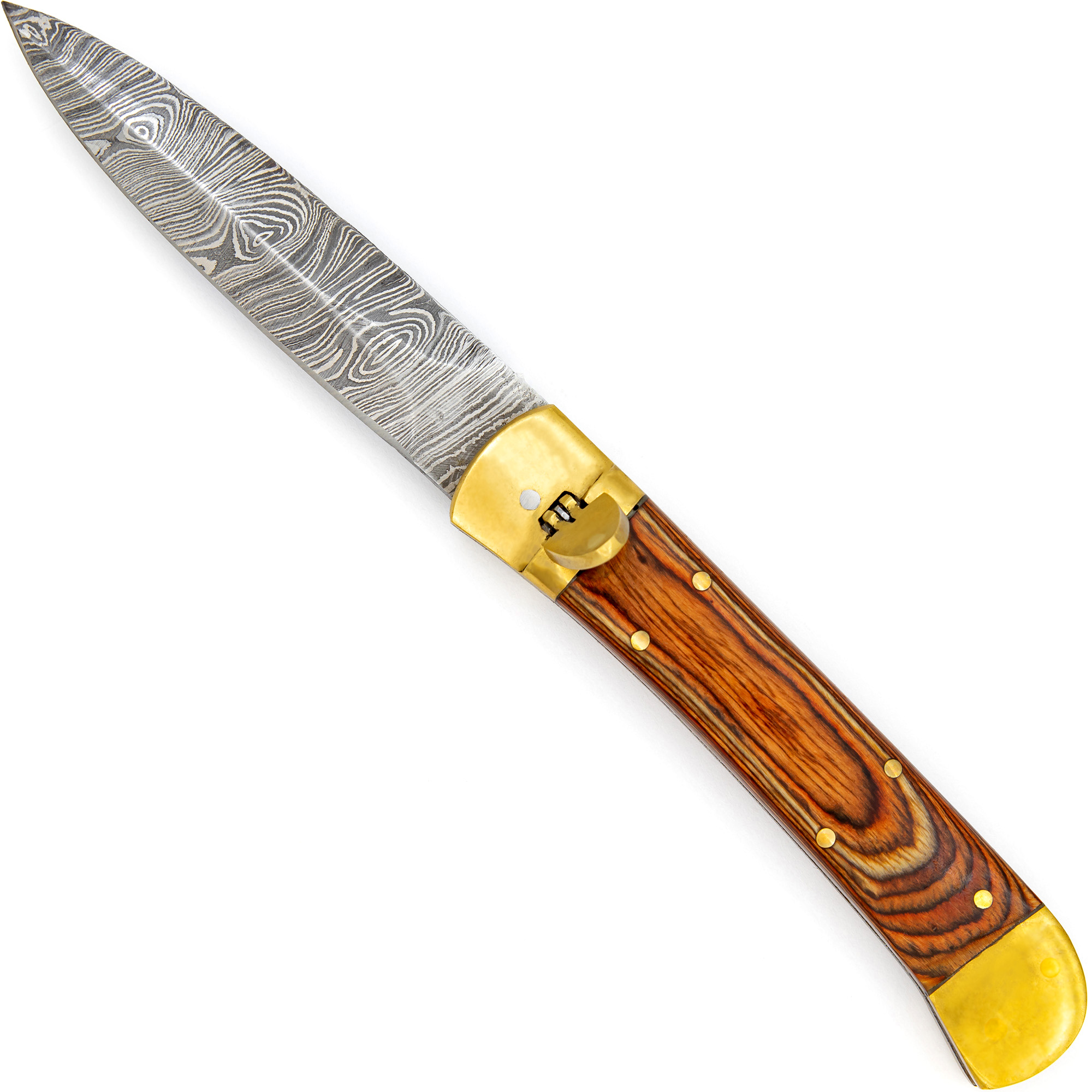 V1WW Damascus Great Red Wood Lever Automatic Knife-img-5