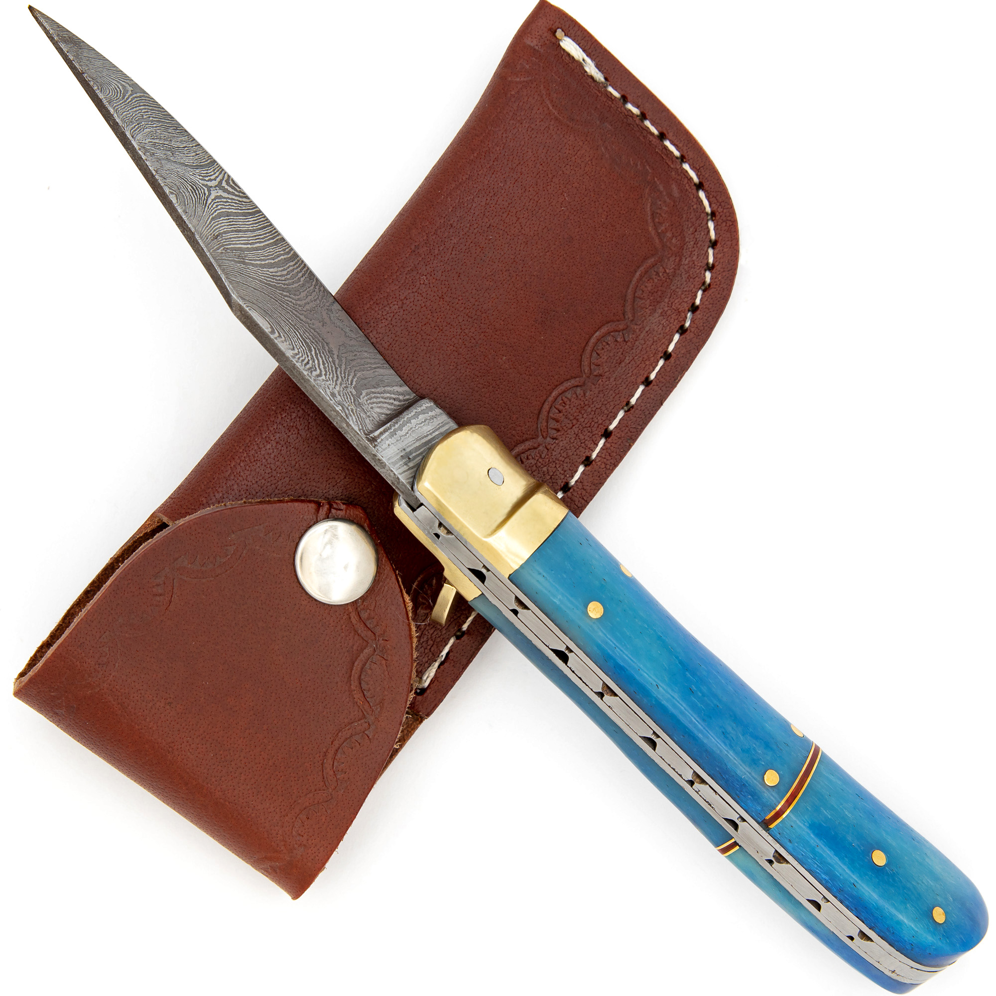 V3BL Lever Lock Ventura Blue Damascus Steel Knife-img-1