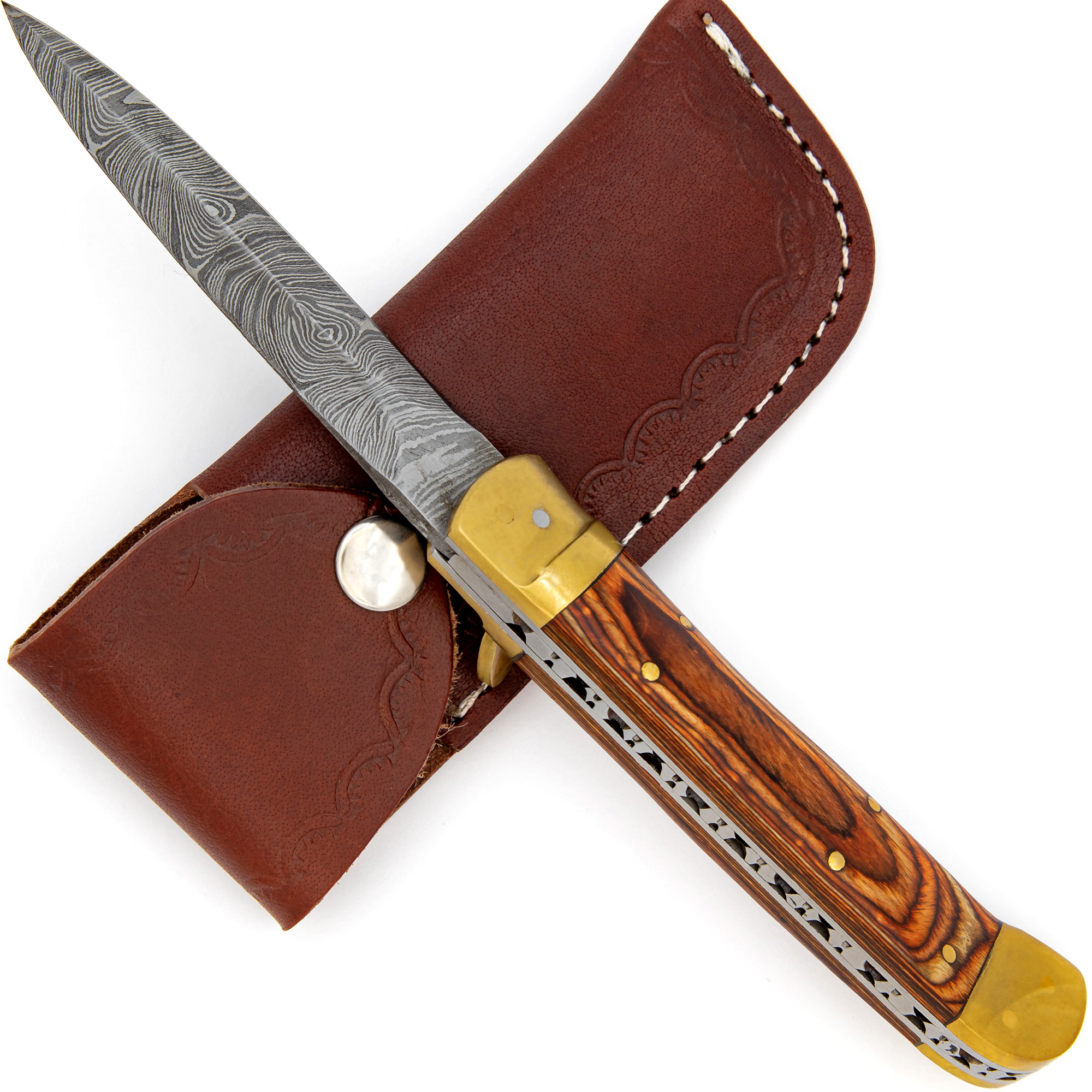 V1WW Damascus Great Red Wood Lever Automatic Knife-img-1