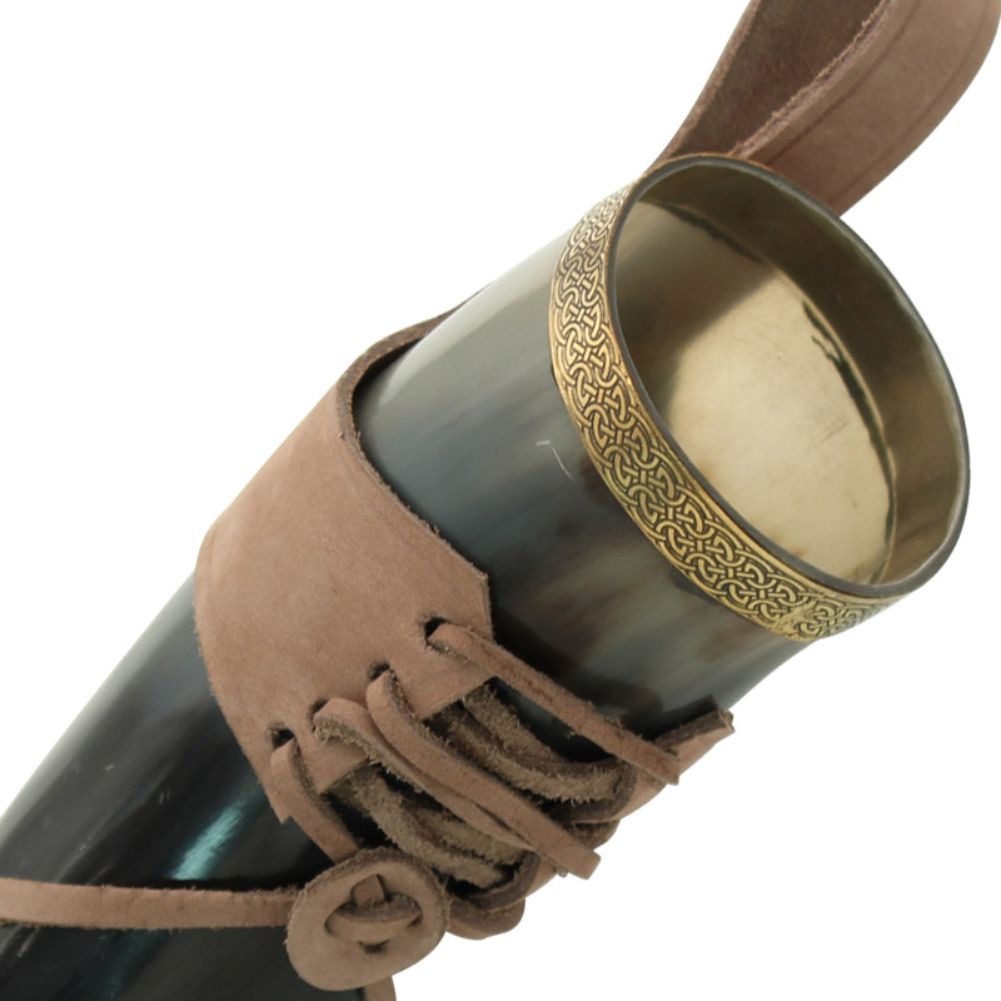 LHBR Brass Adorned Medieval Drinking Horn with Brown Leather Holder-img-1