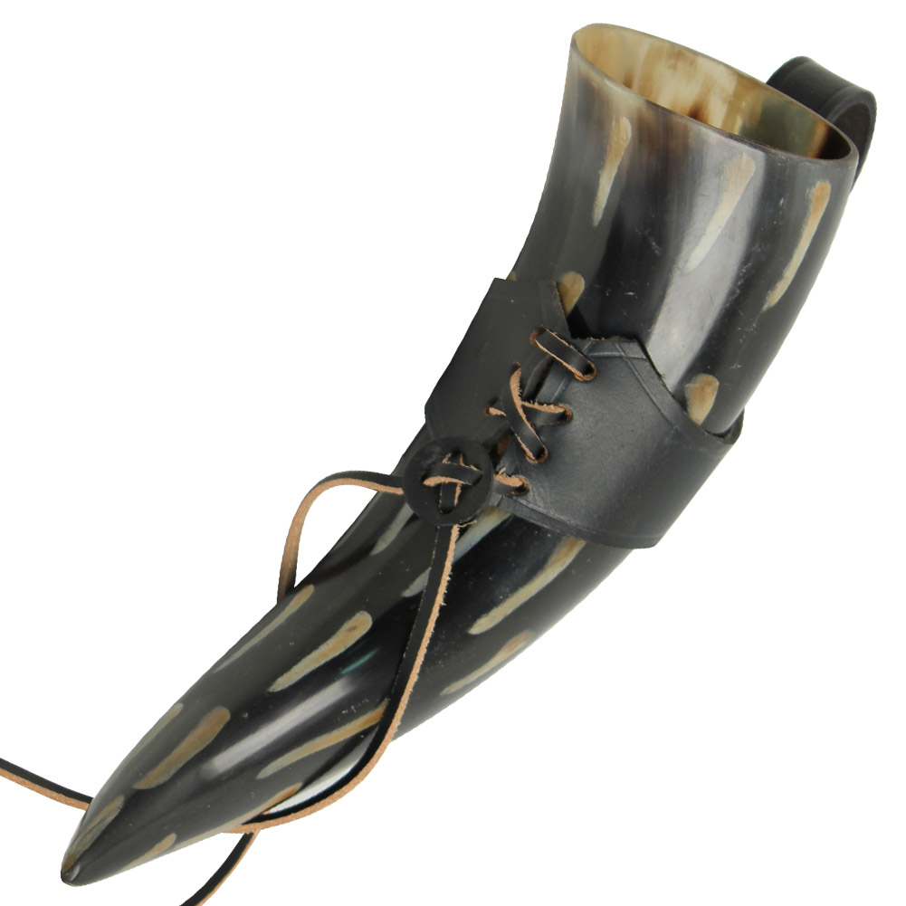 LHBK Fire Burned Medieval Drinking Horn with Black Leather Holder-img-1