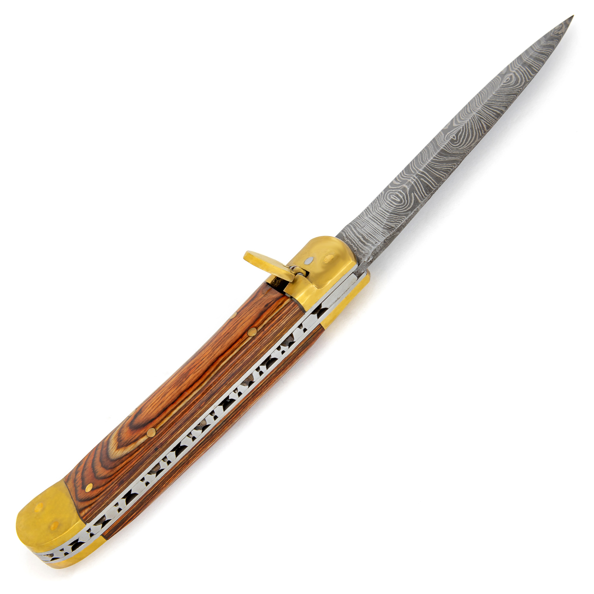 V1WW Damascus Great Red Wood Lever Automatic Knife-img-3