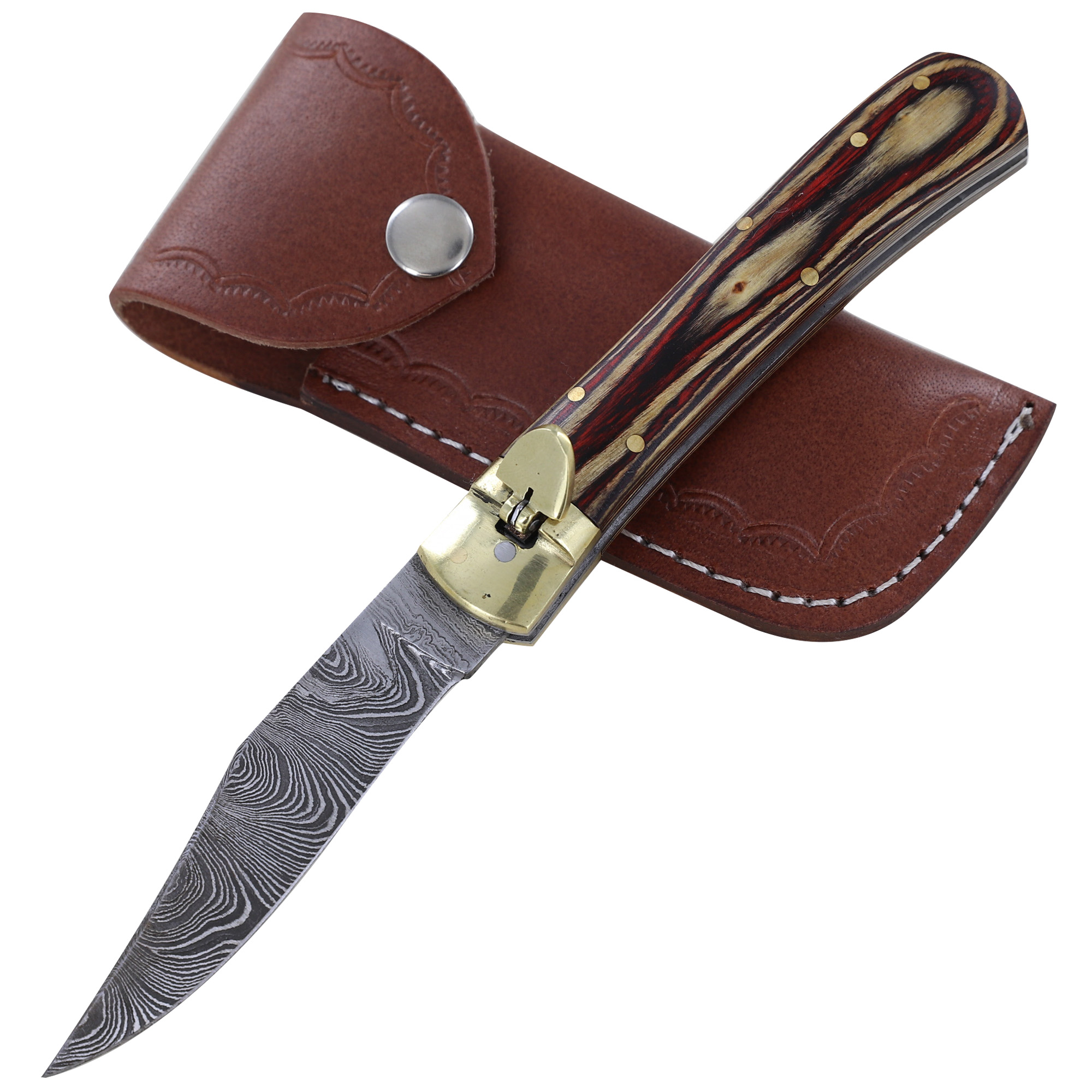 2790 Cinnamon and Cayenne Damascus Clip Point Auto Lever Lock Knife-img-1