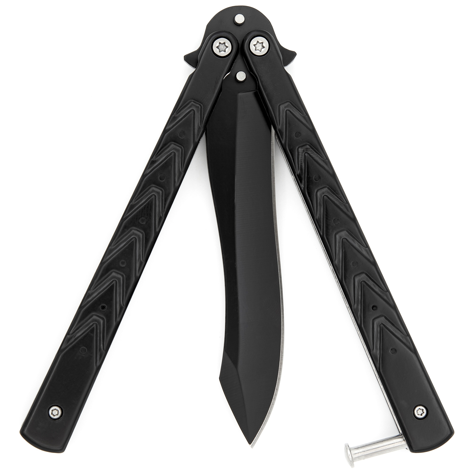 BS47 Black Butterfly Balisong Knife with Hard ABS Sheath | Spey Point Blade-img-1