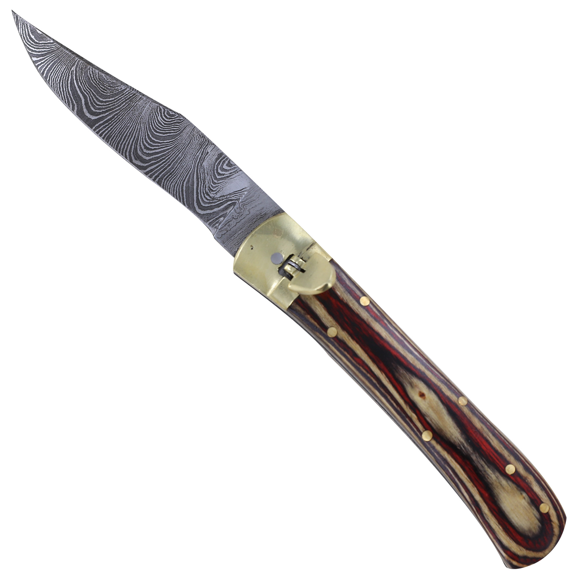 2790 Cinnamon and Cayenne Damascus Clip Point Auto Lever Lock Knife-img-4