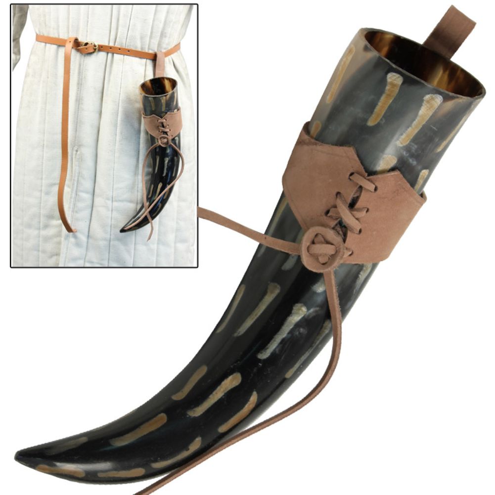 LHBR Fire Burned Medieval Drinking Horn with Brown Leather Holder-img-6
