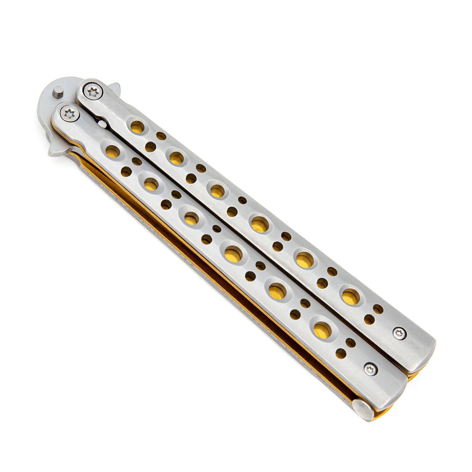 2489 Gold Panning Clip Point Balisong Butterfly Knife Flipper SS Blade-img-2